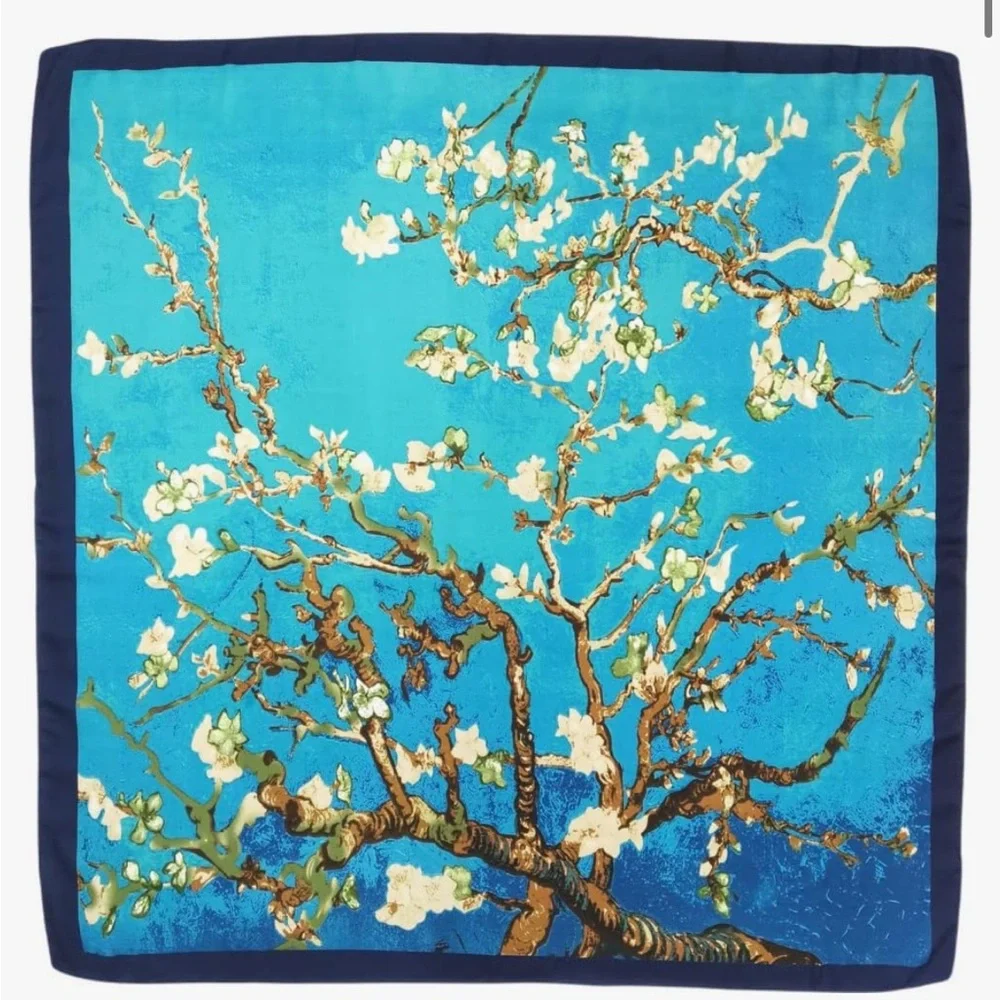 Silk like Blue White Flowers Print Head Scarf 35